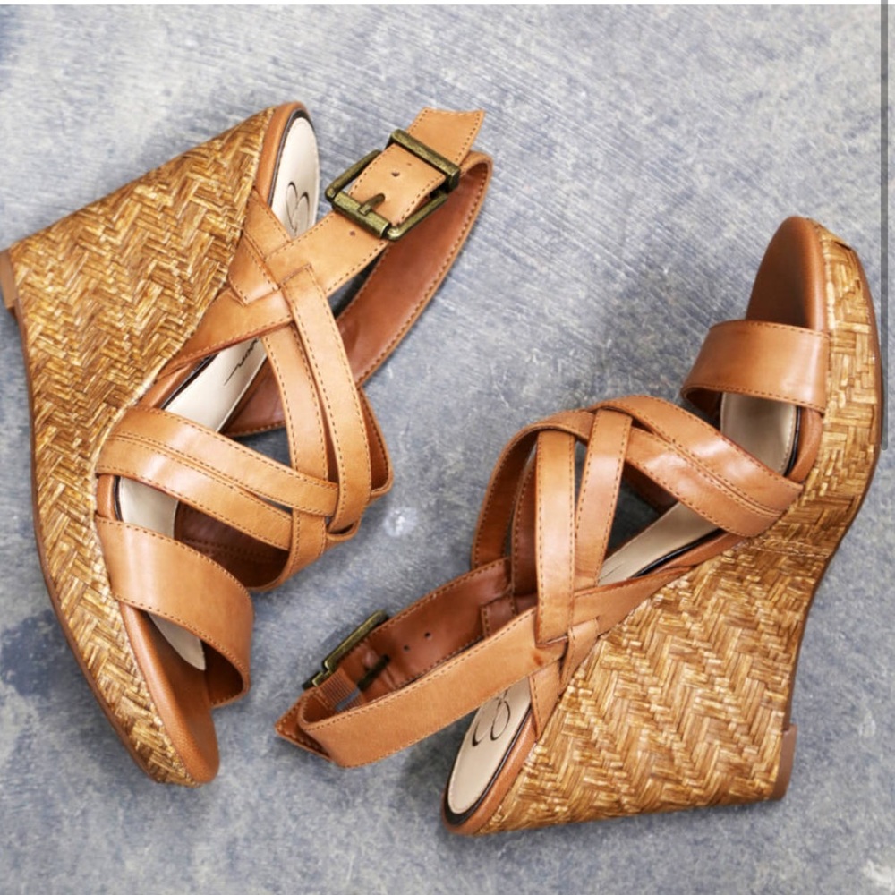 Jessica Simpson Julita wedge strappy sandals high heel size 9 tan brown